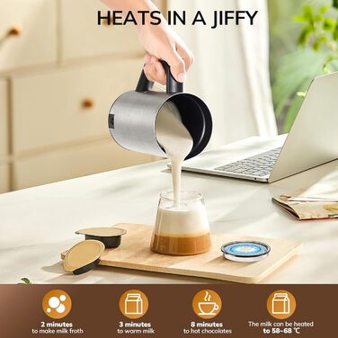 Електричний піногасник для молока Morpilot, 650W, нержавіюча сталь, 350мл, для гарячого та холодного молока, сумісний з посудомийною машиною