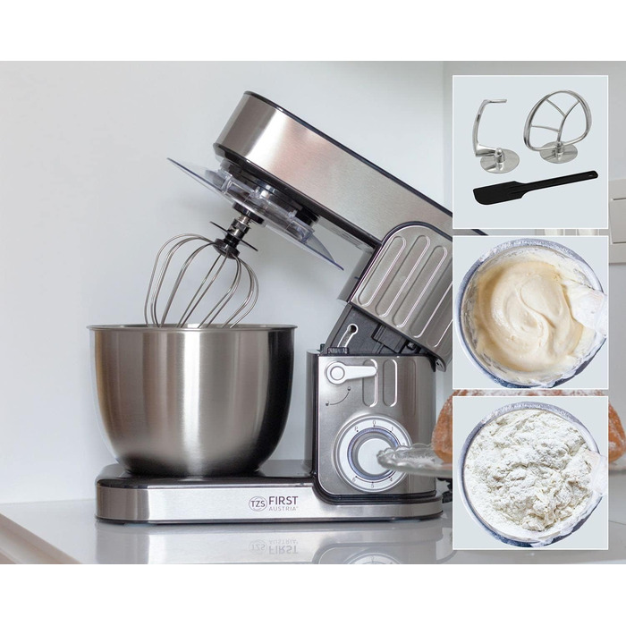 Кухонна машина TZS First Austria Profi Küchenmaschine 1300 Вт, 5 л, 6 швидкостей, з функцією замішування тіста, стаціонарна, нержавіюча сталь