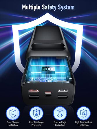 Портативний зарядний пристрій Power Bank 50000mAh з PD 30W, LED-дисплеєм, 7 виходами, ліхтариком та USB-C кабелем. Чорний.