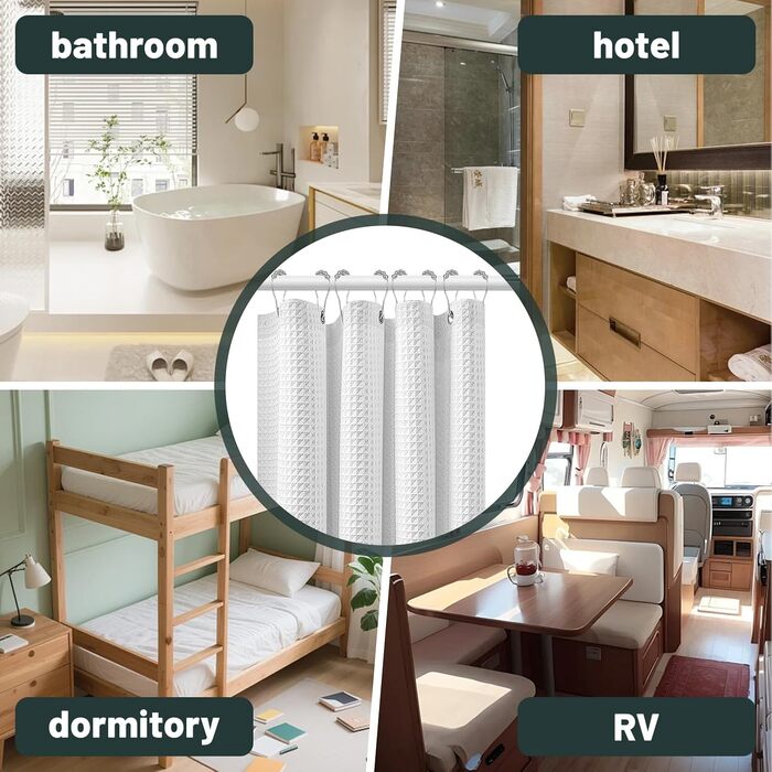 Штора для душу біла 180x180 см, вафельна, з металевими кільцями та гачками, водонепроникна, з утяжеленим краєм