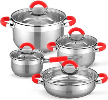 Набір посуду Gridinlux Elite Chef Munich, 8 предметів, нержавіюча сталь, червоний, з кришками із загартованого скла, універсальний для всіх плит