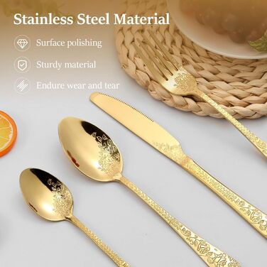 Набір столових приборів 24 предмети для 6 осіб з гравіюванням троянд, нержавіюча сталь, золотий колір - ножі, виделки, ложки, поліровані, для посудомийної машини, святковий