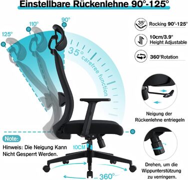 Ергономічне крісло для офісу, обертовий офісний стілець з подушкою для попереку, регульовані підголівник та підлокітники, крісло для керівника до 150 кг (Чорний)