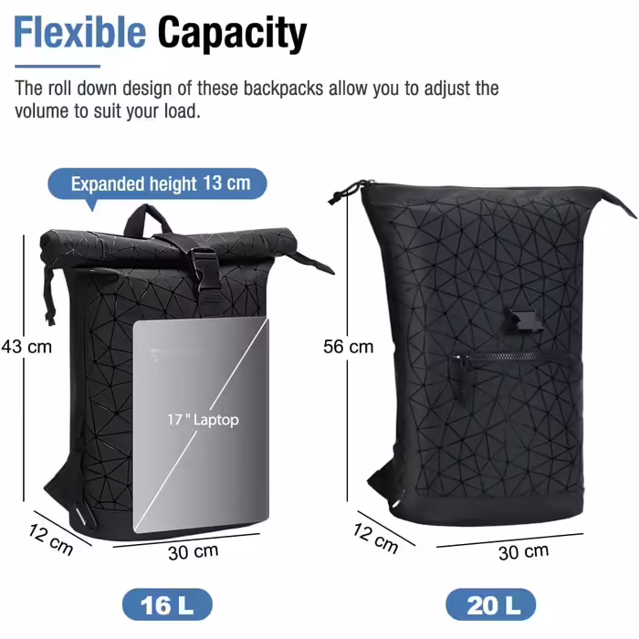 Roll-Top Backpack Waterproof for Women & Men, Large Laptop Backpack with Computer Compartment for 17-inch Laptop, Elegant Travel Backpack Daypack for Travel, Cycling, University, School - Diamond Pattern