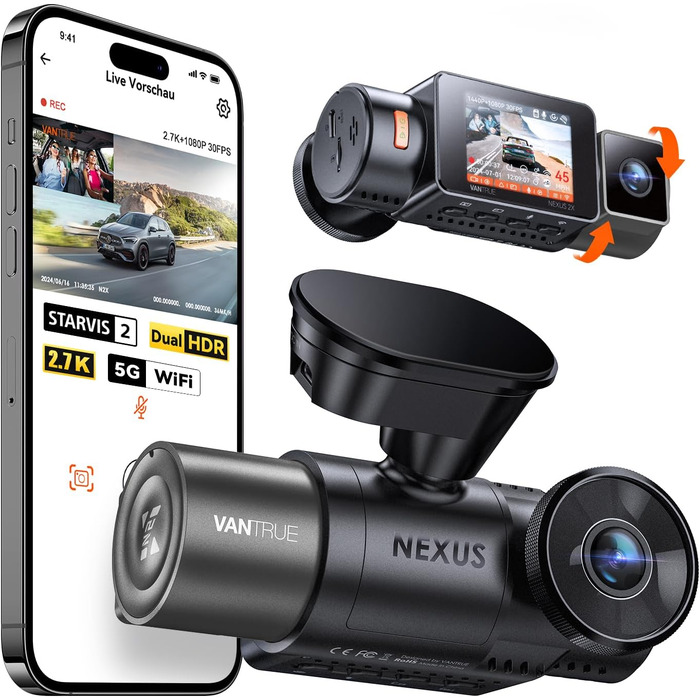 Автомобільний відеореєстратор VANTRUE N2X 2.7K+1080P, подвійна камера, HDR нічне бачення, GPS, Wi-Fi 5ГГц, додаток, голосове керування, 2'' екран, 24/7 паркувальний режим, G-сенсор, до 1ТБ