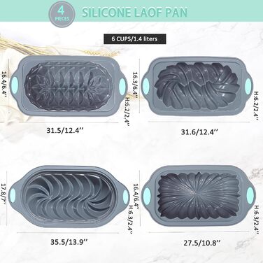 Tongde 4-Piece Silicone Loaf Pan Set for Baking Bread, Non-Stick Kitchen Oven Bread Mold, Perfect for Banana Bread, Sandwich Bread, Pound Cake, and Meatloaf, 6 Cup, Grey