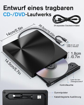 Зовнішній USB 3.0 та USB-C CD/DVD привід varkda для ноутбука та ПК, портативний DVD-плеєр та записник (RW/ROM), сумісний з Windows, macOS, Linux, чорний