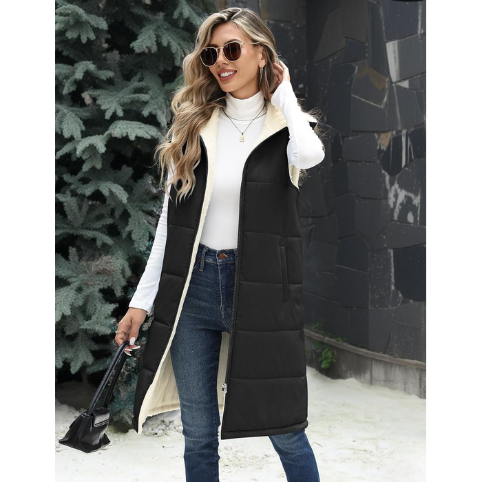 Жіноча довга жилетка Vancavoo з капюшоном на осінь/зиму: степкова, без рукавів, з флісовою підкладкою, тепла, чорна, розмір L
