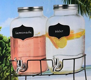 Beverage Dispenser Set - 2 x 4L Glass Jars with Tap and Stand - Juice Dispenser Water Dispenser