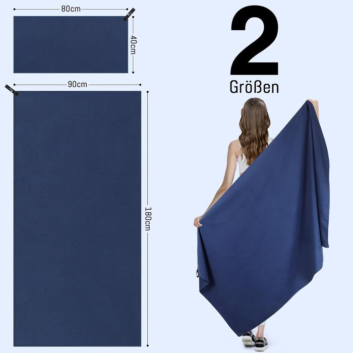 Набір рушників з мікрофібри 2 шт: великий (180x90 см) для пляжу та маленький (80x40 см) для спорту, швидковисихаючі та не піскучі, для відпочинку, сауни, трекінгу (темно-синій)