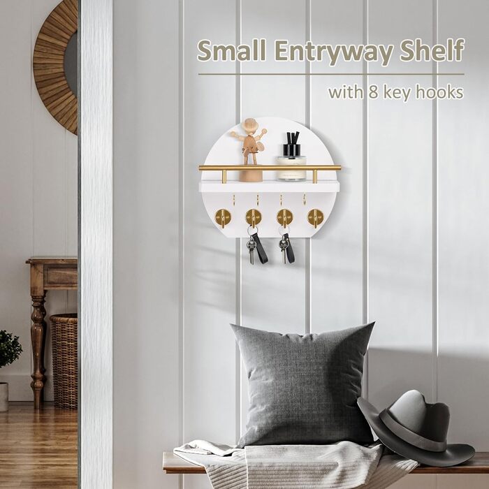 Настінна вішалка для ключів Nekon з полицею та 8 гачками, 24.8 см, декор для дому (Білий/Золотий)