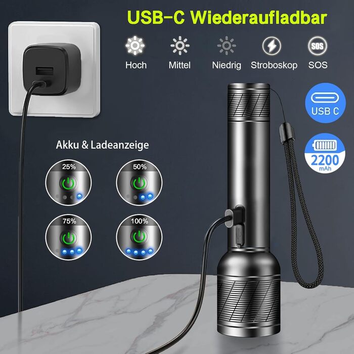 LED ліхтарик надпотужний 2200 люмен, перезаряджається (вбудований акумулятор великої ємності), міні ліхтарик з індикатором заряду, довгий час роботи, алюмінієвий корпус, 5 режимів освітлення, регульований фокус (2 шт.)