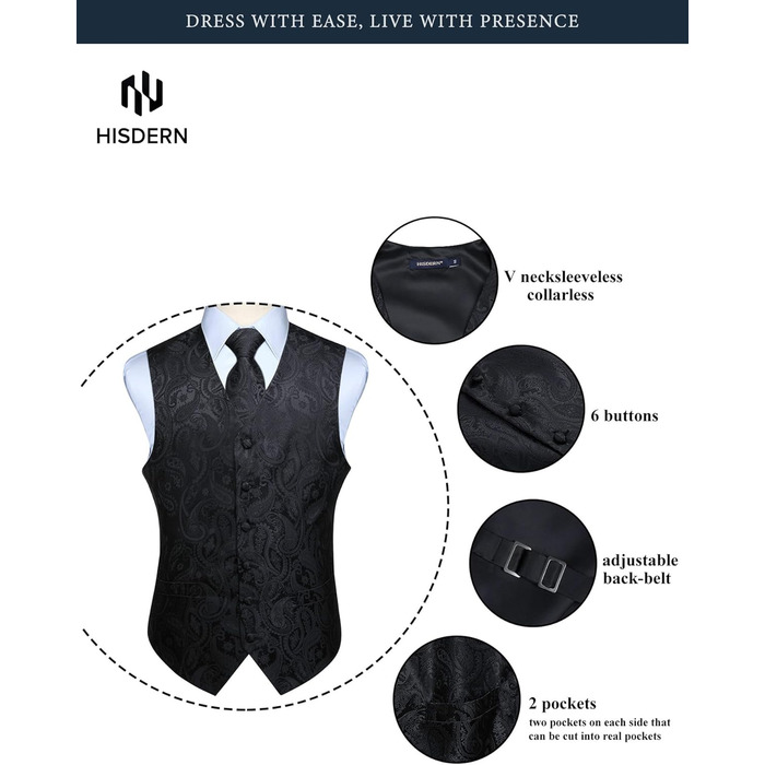 Чоловічий жилет та краватка Hisdern для весілля, жакардовий костюмний комплект, чорний, розмір XL