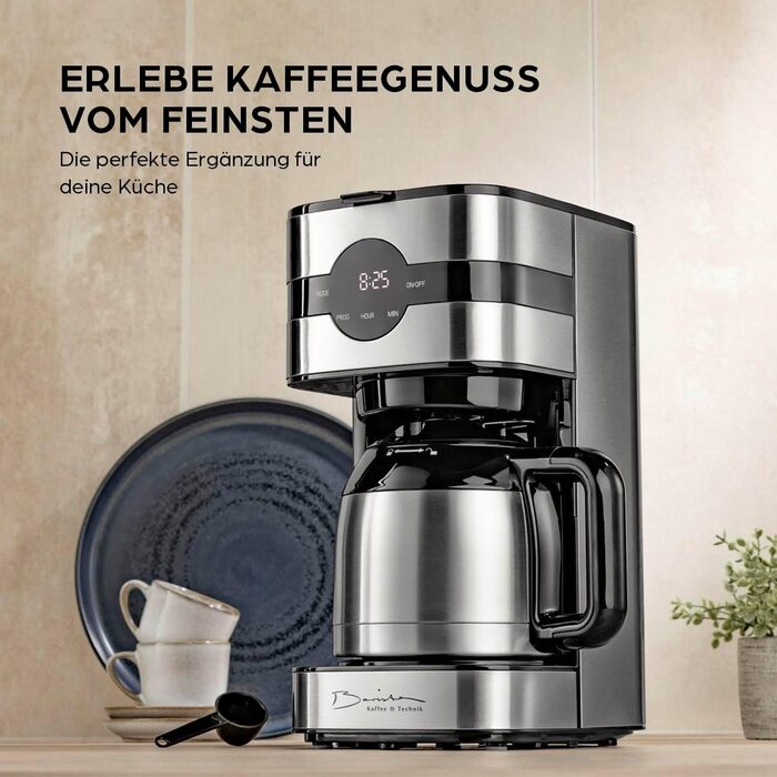 Кавомашина Barista Filterkaffeemaschine з термоканавою, таймер 24 год, постійний фільтр, для 8 чашок кави, для кавової гущі [з нержавіючої сталі] 2) Термокана з нержавіючої сталі