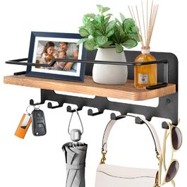 Дерев'яне ключове дошка JiangLin з полицею, декоративний тримач для ключів, настінна організація для ключів з 7 гачками, для входу, коридору, вітальні, чорний