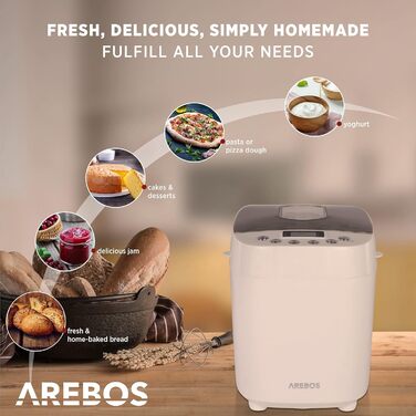 Хлібопечка Arebos 1500г з 15 програмами, таймером та LCD дисплеєм | Хлібопекарня з 3 рівнями підсмажування та 2 гачками для тіста