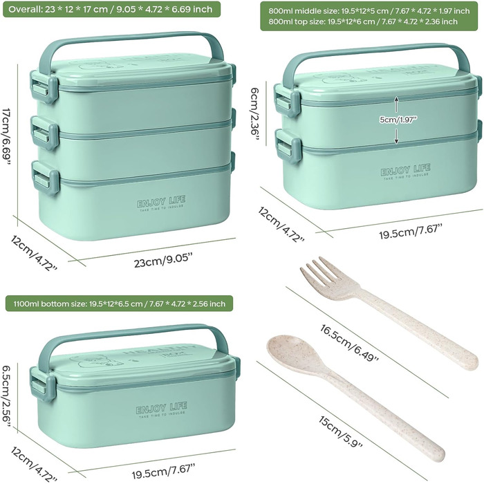 Бенто-бокс 2700 мл, 3-рівневий з виделкою та ложкою, 4-в-1, для їжі, зберігання продуктів, для чоловіків, жінок, студентів, мікрохвильова та посудомийна машини (Хакі, Легкоблакитний)