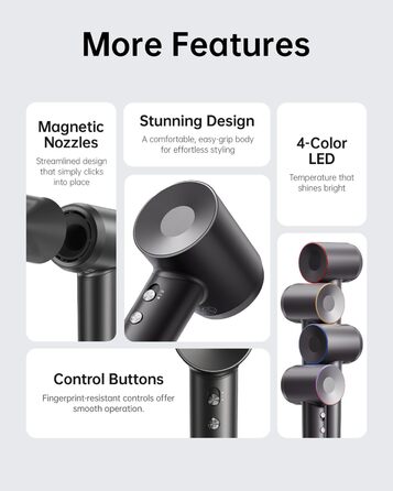 Фен Laifen з іонізацією 200 млн негативних іонів, 110 000 об/хв, для швидкого сушіння, безщітковий мотор, тихий, з магнітною насадкою (Swift, Чорний)