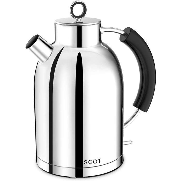 Електричний чайник ASCOT з нержавіючої сталі, 1,5 л, бездротовий, з функцією автоматичного відключення та захистом від сухого кипіння, сріблястий (Полірована срібляста)