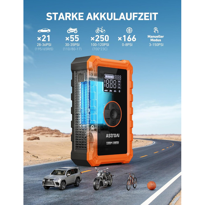 Powerbank AstroAI S8 Air з компресором 150PSI: 5-в-1 пристрій для підкачки шин, 6L бензин/3L дизель, повітряний насос, дисплей 2.4', 3 режими підсвічування