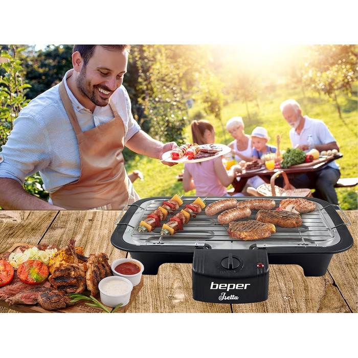 BEPER Electric Grill with Glass Lid - Coated Grill Plate, Stainless Steel, Black (2000W)