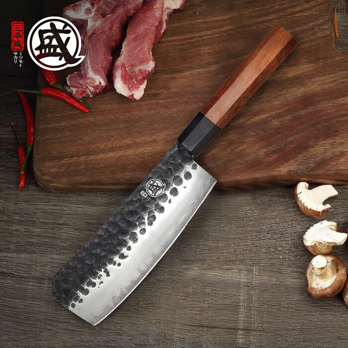 Японський ніж Santoku Mitsumoto Sakari 19 см, ручка з рожевого дерева, сталь з високим вмістом вуглецю, в подарунковій коробці