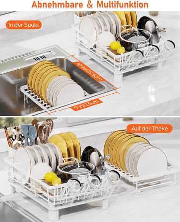 LIONONLY Dish Drying Rack, Small 2-Tier Dish Rack with Drip Tray, Stainless Steel Dish Drying Rack with Utensil Holder, Drink Holder and Swivel Spout, Dish Drying Stand Kitchen
