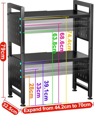 Стійка для мікрохвильової печі SAYZH, 2-рівнева розширювана, з 10 гачками, чорна