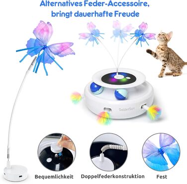 GoldenSun Cat Toy, 3 in 1 Electric Interactive Automatic Toy for Cats, Whack-A-Mole, Fluttering Butterfly, including Ball, USB Rechargeable Cat Teaser with 6 Attachments (Z 3 Butterfly)