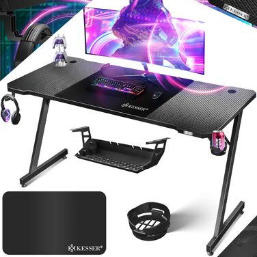 Ігровий стіл KESSER Gaming Z-подібний, 160x60 см, з карбоновим покриттям, підставкою для напоїв та гачком для навушників, чорний
