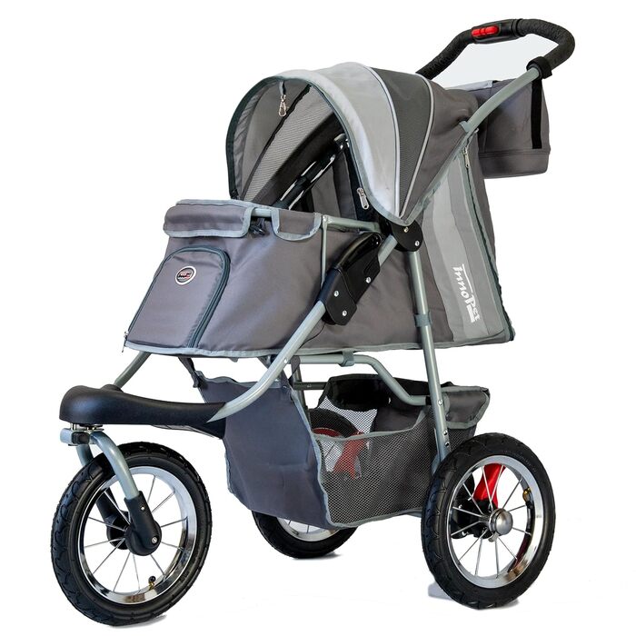 Візок для собак Innopet Comfort Air Eco чорного/срібного кольору – візок для собак/кішок з 30см повітряними колесами, складаний, для лісових стежок, з світловідбиваючими смугами, органайзером, з переробленого нейлону (сірий)