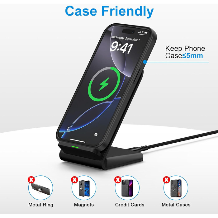 Бездротовий зарядний пристрій Google Pixel: підставка, 15W, сумісна з Google Pixel 10/9/8/7/6/5 та Samsung Galaxy S25+/S24 FE/S23/S22/S21, чорний