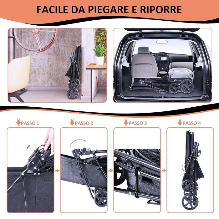 Візок для собак, складаний, переноска для тварин до 15 кг, чорний. Візок для котів та собак, переноска для тварин, бугі для собак