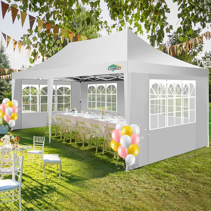 COBIZI Pavilion 3x3 Waterproof Stable Winter-Proof Party Tent 3x3 with 4 Side Walls Pop Up Folding Pavilion UV Protection 50+ Garden Pavilion With Handbag, 8X Pegs and 4X Wind Rope, (White, 3x6 m)