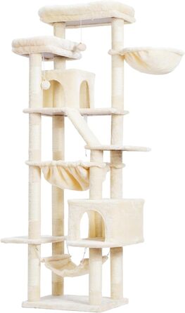 Кігтеточка-кітчечка Heybly HCT034W, 180 см, бежева: 2 платформи, 2 будиночки, 2 гамаки, кошик, кігтедряпання