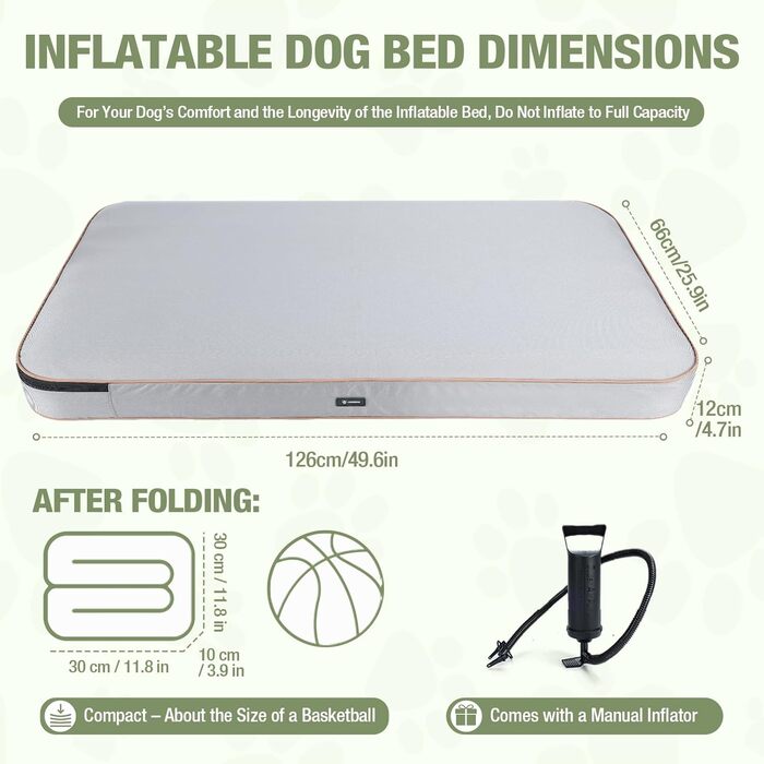 Надувне лежак для собак Lekereise Outdoor, 126x66x12 см, сірий, для собак середніх та маленьких порід, знімний та пральний чохол, для відпочинку в подорожах та на вулиці