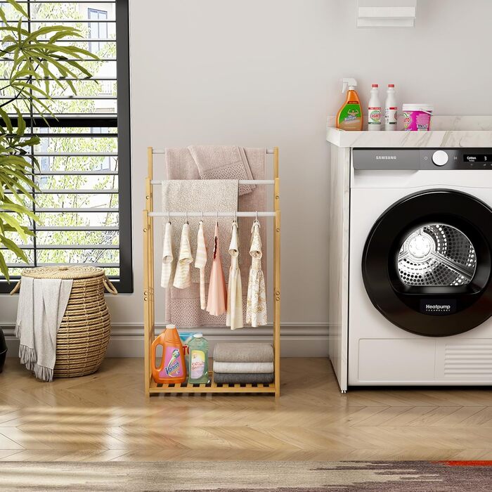 Підставка для рушників Dripex з бамбука, 96 см, з 3 нержавіючими стійками та полицею для ванної кімнати