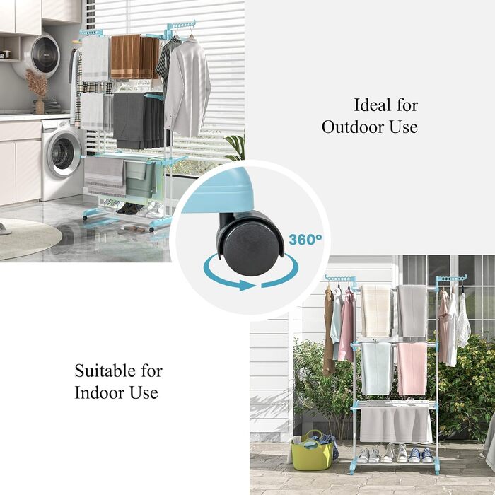 Стійка для сушіння білизни HOMASIS з 4 рівнями, розкладна, з колесами та бічними крилами, 127x63x171см, блакитна, вантажопідйомність 30 кг