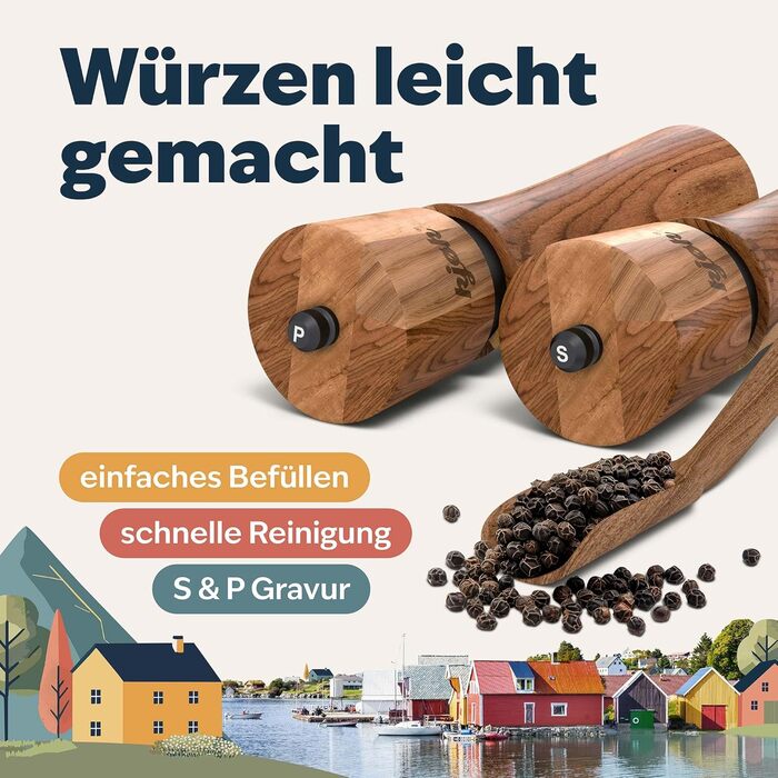 köc Premium Salt and Pepper Mill - Solid Acacia Wood with Coaster, Cleaning Brush and Funnel - Wooden Mill Set with Ceramic Grinder - Salt and Pepper Mill Father's Day Gift