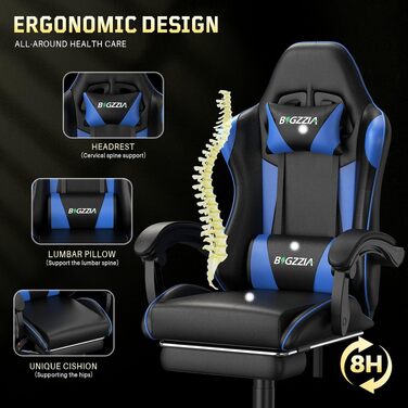 Ігрове крісло Bigzzia Ergonomic Gaming Stuhl з підставкою для ніг та функцією масажу, синій