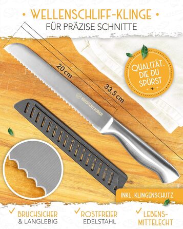 Ніж для хліба KRUSTENZAUBER з хвилястим лезом, 20 см, нержавіюча сталь. Великий ніж для нарізання хліба та булочок, для точного та легкого нарізання.