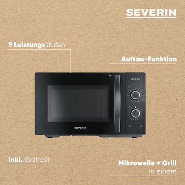 Мікрохвильова піч Severin 2-в-1 з грилем, 20 л, чорна, MW 7762. Плоский скляний стіл, 2 рівні, велика площа, для прямокутного посуду, легке очищення