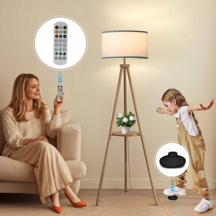 Стельова лампа на тренозі з полицею, з пульт керування, 3 колірні температури, для вітальні, спальні, офісу, бежевий абажур, стиль бері, декор