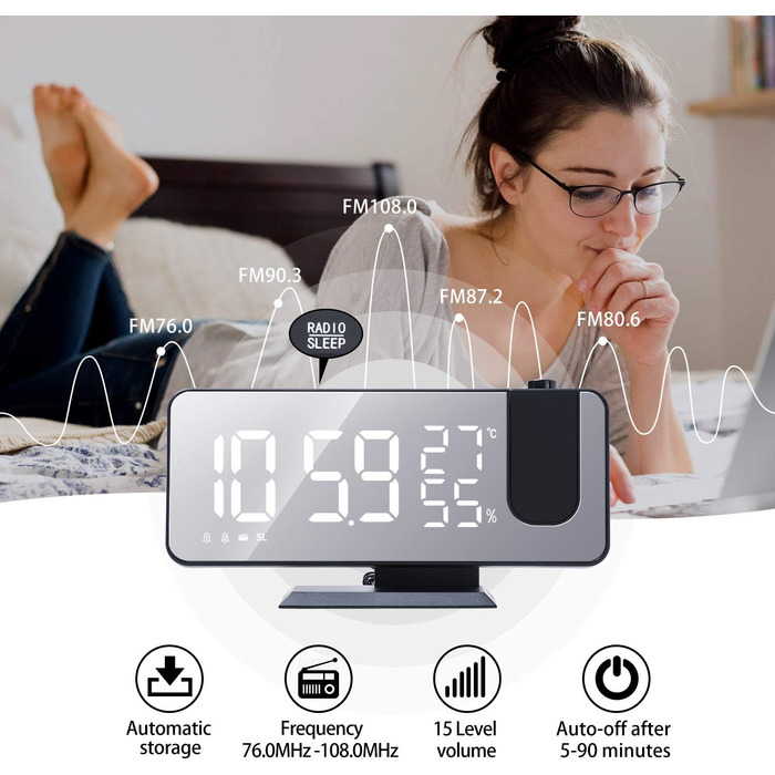 Projection Alarm Clock Digital LED Alarm Clock with Charger, Radio Alarm Clock with USB Charging Port, Dual Alarm Clock, LED Mirror Display, Adjustable Brightness, Temperature and Humidity Display, Black