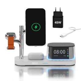 Бездротова зарядна станція 5-в-1 MMOBIEL MagSafe Qi2.2 25W з годинником, Bluetooth-колонкою та нічником LED (біла) для iPhone, Apple Watch, AirPods