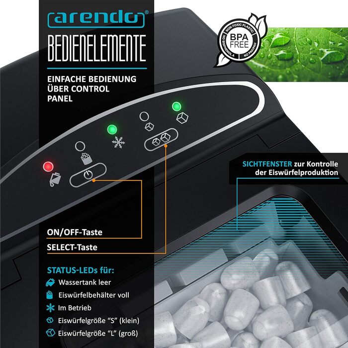 Stainless steel ice maker, ice cube maker, ice maker machine 1.8 Liter ice cube maker, ice cream machine with cooling, ice cube sizes small and large, status LEDs ABS BPA free, silver stainless steel (A: Cool Grey)