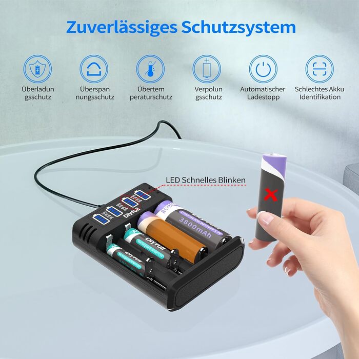 Зарядний пристрій Dlyfull для акумуляторів 18650, 4 слоти, USB-C, LED дисплей, швидка зарядка, сумісний з 18650, 21700, 17500, 16340, 26650, AA, AAA, C, 3.7V Li-Ion та 1.2V NI-MH/NI-CD