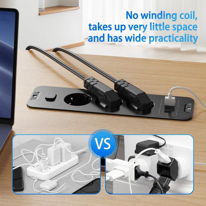 Мережевий фільтр 5 розеток з індивідуальним вимикачем, з 2 USB-A та 2 USB-C, розгалужувач розеток 5 розеток зі switch, мережевий фільтр настінний з 2м кабелем, PD 20W - (3 розетки 4 USB, Чорний)