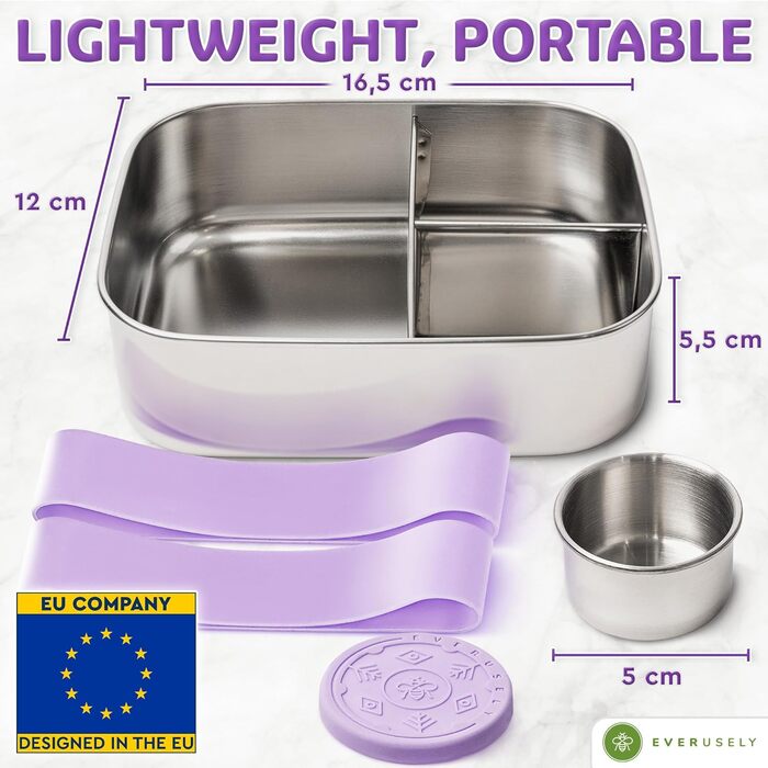 Everusely Ланчбокс Bento Box Лавандовий - 0,8 л, нержавіюча сталь, з контейнером для спецій, 3 відділення
