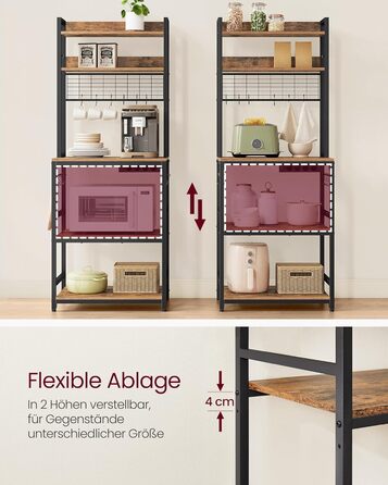 Стелаж кухонний VASAGLE з розетками, для мікрохвильової печі, з решіткою, 14 гачків, антрацит-чорний, 40x60x170 см, вінтажний коричневий + чорний